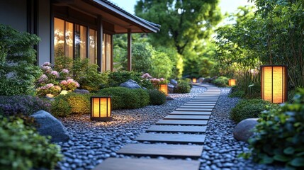 Tranquil Japanese Garden Pathway with Stone Lanterns at Twilight Serene Zen Garden with Illuminated Walkway Featuring Lush Greenery