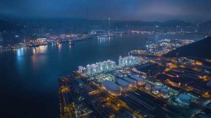 Fototapeta premium Night industrial harbor, city skyline, energy production, water reflection, aerial view