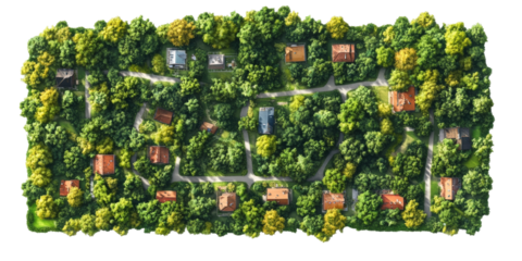 Aerial view of residential area surrounded by lush trees with transparency background png format