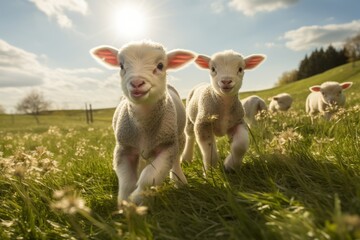 Fototapeta premium Lambs frolic in grassy field