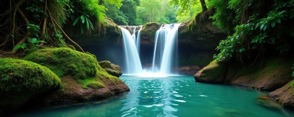 Clear turquoise waters tumble over mossy rocks, tropical rainforest waterfall, natural pools, vines entwining