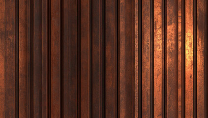 Old rusted corrugated metal wall with textured surface, showcasing warm tones and weathered appearance. vertical lines create sense of depth and character