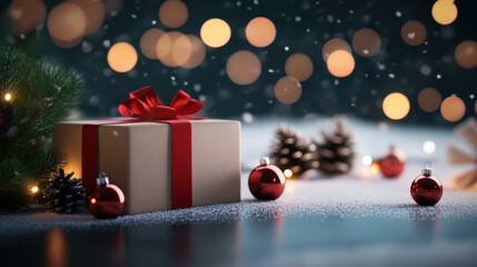 beautifully wrapped gift box with red ribbon sits on snowy surface, surrounded by festive decorations like ornaments and pine cones, creating warm holiday atmosphere