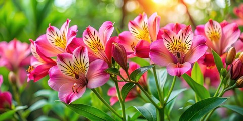 Fototapeta premium Vibrant pink Alstroemeria flowers blooming in a lush garden amidst green foliage and leaves, creating a stunning floral arrangement on a natural background , plant life, greenery