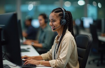 Smiling woman works at call center. Client service operator in headset types on keyboard. Indian girl answers calls, provides tech support. Help desk worker gives assistance, consulting clients.