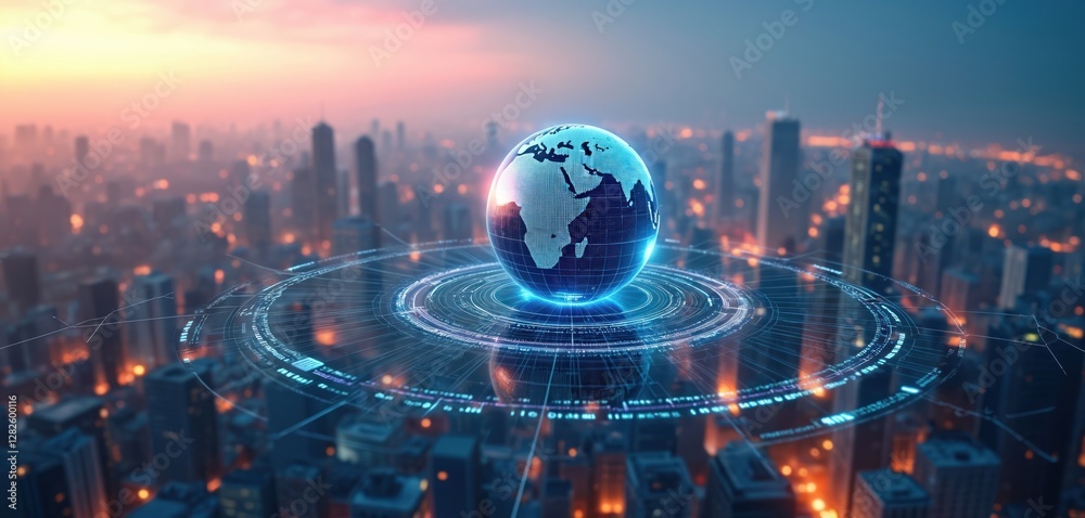 Poster globe hovers over futuristic city with data streams. concept of global network, technology, communic