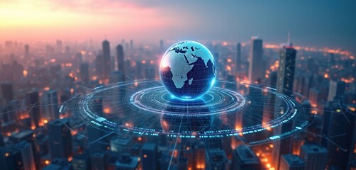 Globe hovers over futuristic city with data streams. Concept of global network, technology, communication. Perfect for, tech, business solutions presentations. Innovative global technology solutions