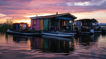 Obraz premium A vibrant sunset reflects off calm waters, showcasing colorful houseboats moored along the shore, surrounded by lush greenery.