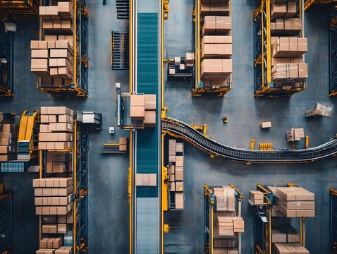 Futuristic Aerial View of Automated High-Tech Warehouse with Parcels Sorting Conveyor Belts