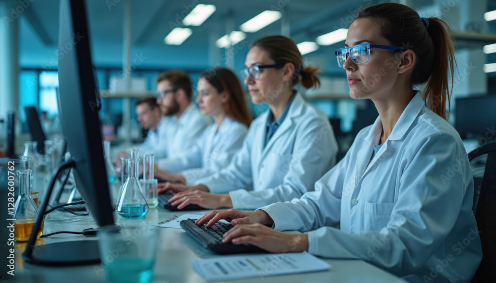Aufkleber Team of scientists work in laboratory. Doctors in labcoats sit at computers, conduct research, develop vaccine. Medical research, pharmaceutical industry, science concept. Group of people work at