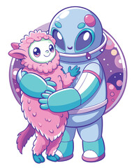 A colossal, fluffy, extraterrestrial being with diminutive wings tenderly embraces a small, frightened puppy.