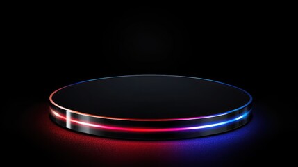 Black round podium with red and blue neon lights on dark background.