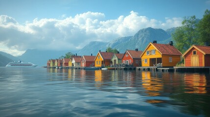Fototapeta premium Colorful houses, fjord, cruise ship, mountains, Norway, reflection, summer, tourism, postcard