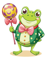 A cartoon frog, wide-eyed and goofy, stands bipedally, holding something unseen.  Amphibious, comical, anthropomorphic, whimsical illustration.