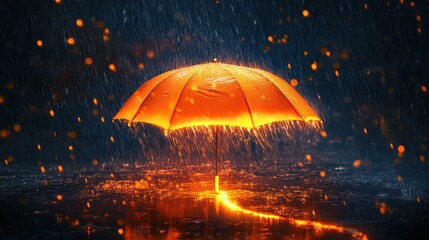 Illuminated orange umbrella in heavy rain at night; atmospheric mood, website banner
