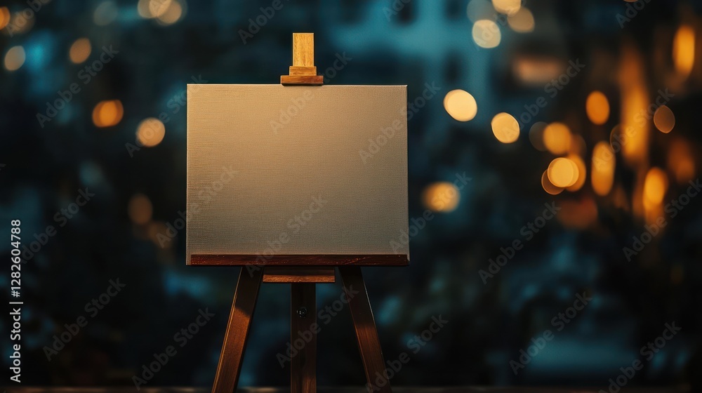Poster blank canvas on a wooden easel, set against a blurred bokeh background of warm and cool lights.