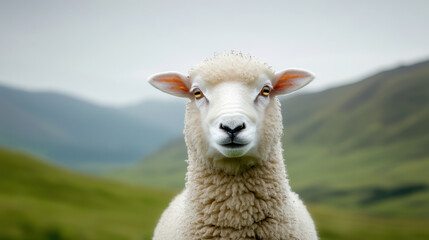 Fototapeta premium close up of white sheep face, showcasing its calm expression and fluffy wool against blurred green landscape. sheep appears curious and serene in its natural habitat