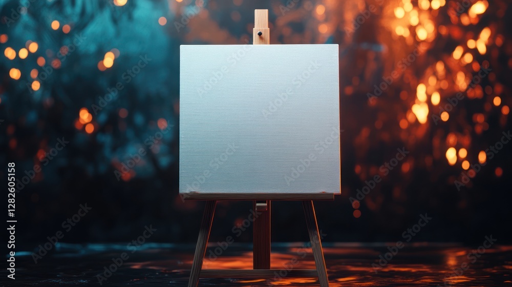 Poster blank canvas on easel against dramatic bokeh background.