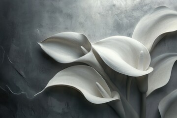 Elegant white calla lilies on textured grey background; home decor