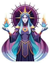 A brooding gothic priestess, adorned with a crown of thorns, her hand gently resting on a weathered, ancient grimoire.  Deep shadows and dramatic lighting.