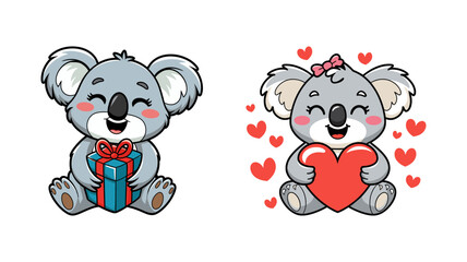 Cute Koalas in Love. One Giving a Gift, the Other a Heart