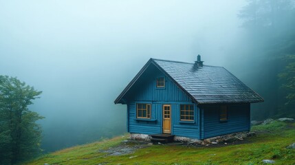 Blue cabin in misty mountain landscape.