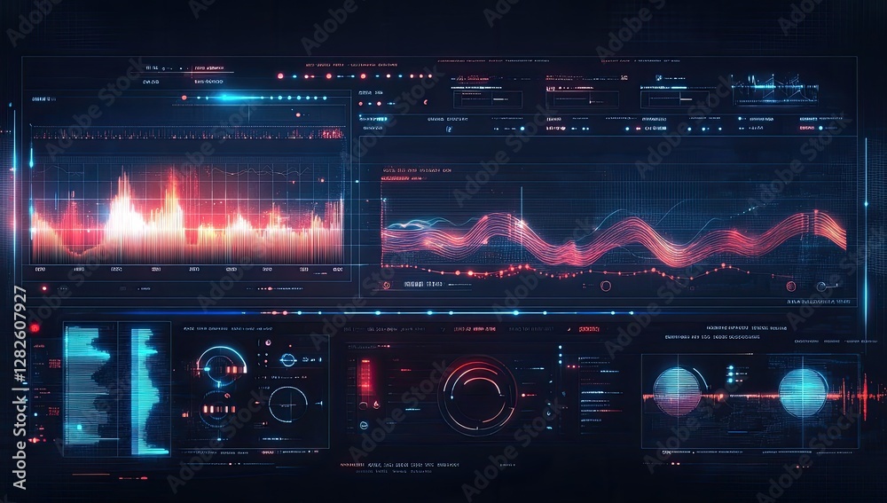 Poster futuristic data dashboard display analyzing digital signals in dark space, for tech presentations