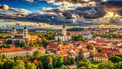 Fototapeta premium Scenic Aerial View of Historical City with Beautiful Cloudy Sky
