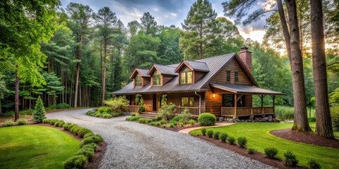 Rustic farmhouse surrounded by lush greenery and trees, with a winding gravel driveway leading to a secluded retreat with a modern cabin in the woods, retreat, secluded