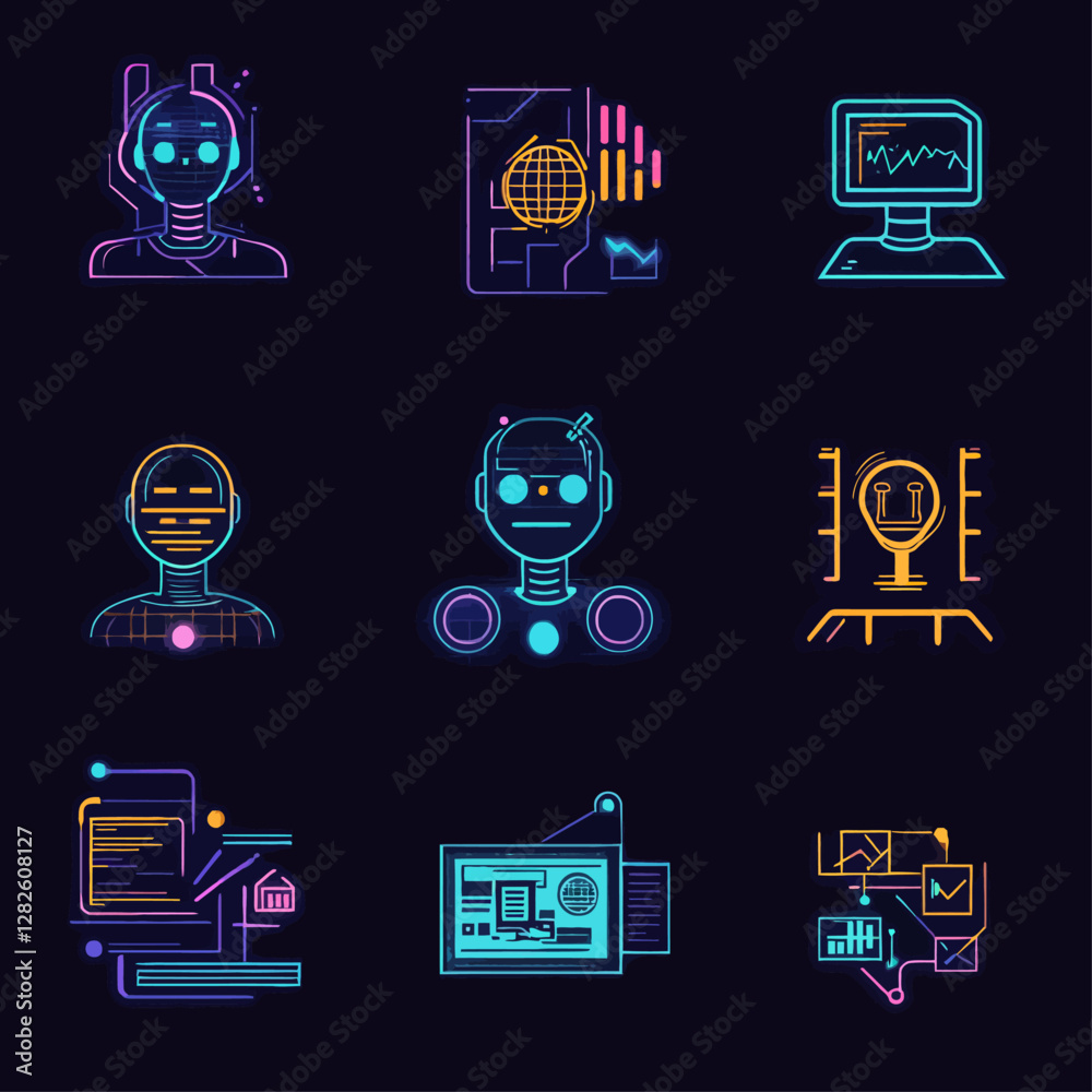 Poster neon ai robots with data visualization for technology and future