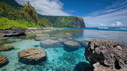 Tropical Island Cove With Clear Water and Lush Greenery