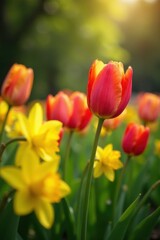 Vibrant tulips and daffodils in a sunlit garden , bright, flowers, photography
