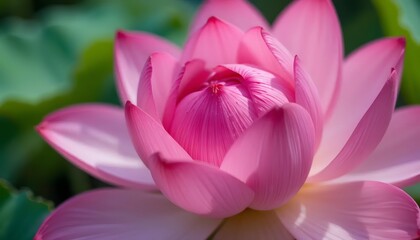 Obraz premium Close-up of Blooming Pink Lotus Flower with Green Leaves