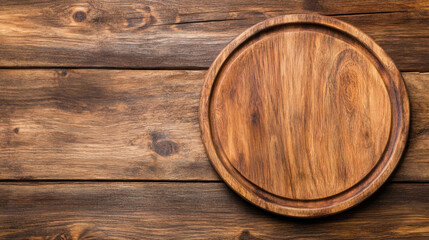 wooden plate rests on rustic wooden background, showcasing its natural grain and texture. This evokes warm, inviting atmosphere perfect for dining or serving