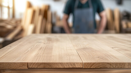 wooden countertop with smooth surface, showcasing craftsmanship in workshop. blurred background highlights woodworking environment, creating warm and inviting atmosphere