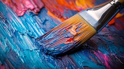 The paintbrush applies oil paint to create vibrant abstract colors