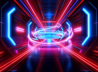 Vibrant double exposure art displays futuristic neon lights in red and blue hues, creating an abstract tunnel with a sense of dynamic motion.