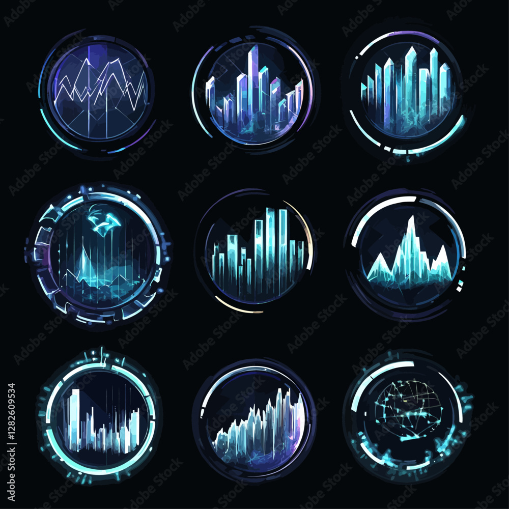 Poster futuristic data charts, glowing graphs on circular tech interfaces