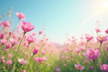 Pastel pink wildflowers swaying in gentle spring breeze, pastel colors, sunshine