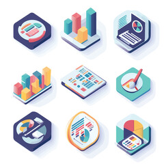 Isometric data charts, infographic elements, and business analysis tools
