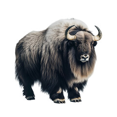 A musk ox with thick fur and curved horns standing on a neutral background.