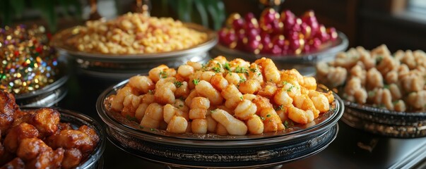 Obraz premium A colorful assortment of snacks displayed in bowls, featuring various textures and shapes, creating a vibrant and inviting spread.
