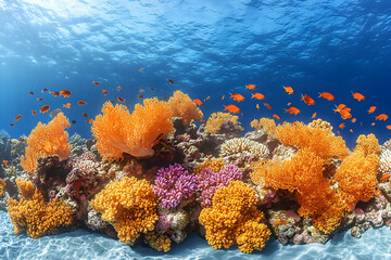 Obraz premium Vibrant Coral Reef Ecosystem with Orange and Purple Soft Corals and Small Orange Fishes in Clear Blue Ocean Water with Sunlight