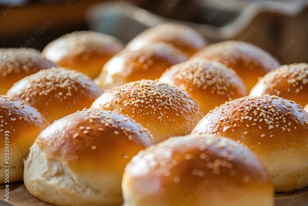Poster freshly baked sesame rolls arranged neatly in a warm kitchen environment ready for serving at a fami