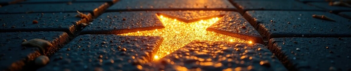 Golden star embedded in sidewalk, bright lights , urban, reflective