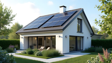A smart house facade with solar panels and sensors. The modern design and integrated technology highlight the blend of solar energy and smart home solutions for sustainable living.