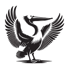Pelican with its wings half open Silhouette Vector Illustration, Solid White Background.