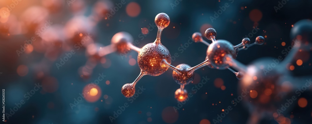 Aufkleber Close-up 3D render of organic chemistry reaction with illuminated carbon chains visualizing molecular interaction. Composite laboratory setting features chemical processes, detailed molecular