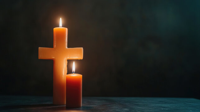 A serene display of a cross and two lit candles, creating a warm, spiritual atmosphere against a dark background.