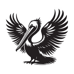 Pelican with its wings half open Silhouette Vector Illustration, Solid White Background.